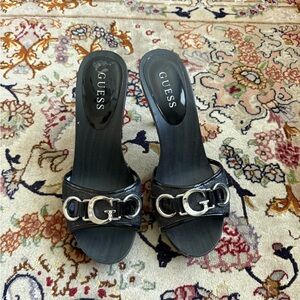 GUESS Black Leather Slide Mules with Silver G Hardware